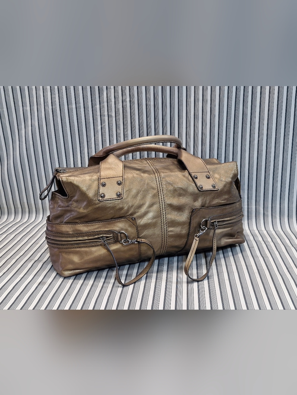 Gianni Bini Metallic Bronze Italian Leather Satchel Duffel Bag